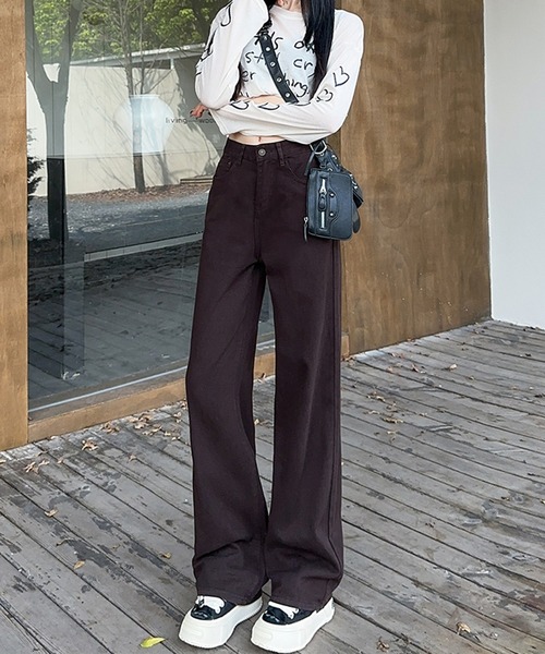 Lace Ladies（レースレディース）の「ハイウエスト ベーシック レザー調パッチ付き ストレート デニムパンツ（デニムパンツ・レディース・ラベンダー/ブラウン/グリーン/アイボリー・XS/S/M/L/XL）」の7枚目の写真
