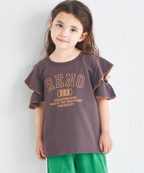 pairmanon(ペアマノン)の「フリルスリーブ 配色ステッチロゴTシャツ(Tシャツ/カットソー・キッズ・イエロー/ピンク/ブラウン/グリーン・100/110/120/130/140/150/90)」の2枚目の写真