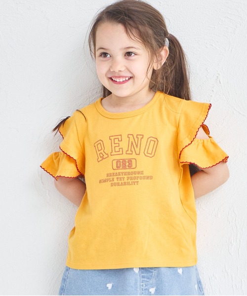 pairmanon(ペアマノン)の「フリルスリーブ 配色ステッチロゴTシャツ(Tシャツ/カットソー・キッズ・イエロー/ピンク/ブラウン/グリーン・100/110/120/130/140/150/90)」の1枚目の写真