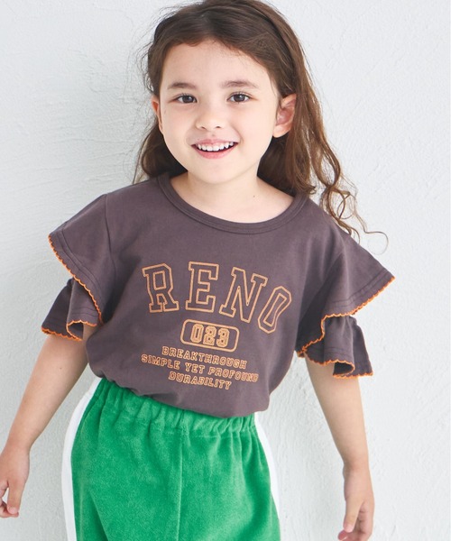 pairmanon(ペアマノン)の「フリルスリーブ 配色ステッチロゴTシャツ(Tシャツ/カットソー・キッズ・イエロー/ピンク/ブラウン/グリーン・100/110/120/130/140/150/90)」の7枚目の写真