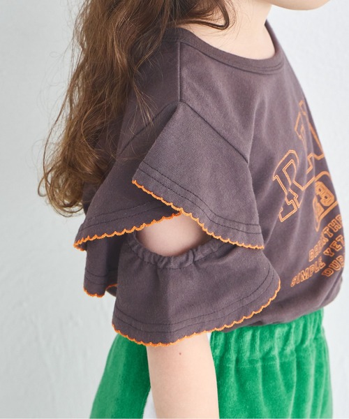 pairmanon(ペアマノン)の「フリルスリーブ 配色ステッチロゴTシャツ(Tシャツ/カットソー・キッズ・イエロー/ピンク/ブラウン/グリーン・100/110/120/130/140/150/90)」の9枚目の写真