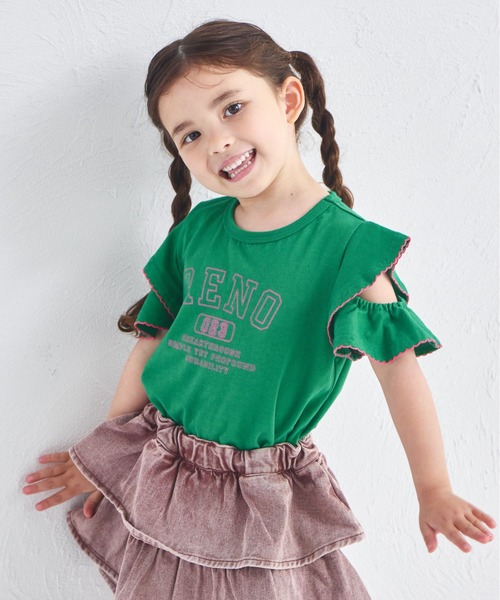 pairmanon(ペアマノン)の「フリルスリーブ 配色ステッチロゴTシャツ(Tシャツ/カットソー・キッズ・イエロー/ピンク/ブラウン/グリーン・100/110/120/130/140/150/90)」の12枚目の写真