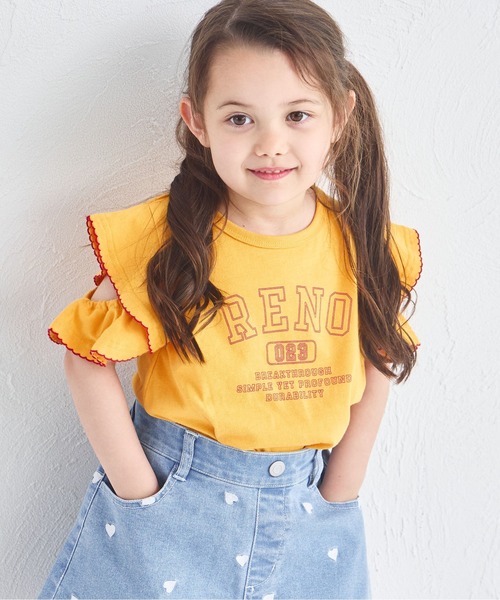 pairmanon(ペアマノン)の「フリルスリーブ 配色ステッチロゴTシャツ(Tシャツ/カットソー・キッズ・イエロー/ピンク/ブラウン/グリーン・100/110/120/130/140/150/90)」の21枚目の写真