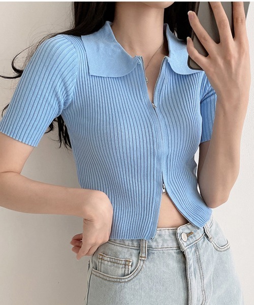 Jayro(ジャイロ)の「ダブルファスナークロップド丈トップス(Tシャツ/カットソー・レディース・ホワイト/ピンク/ブラック/ブルー・FREE)」の2枚目の写真