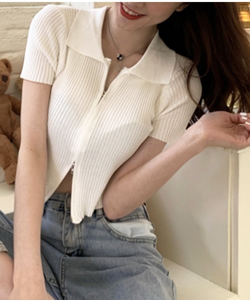 Jayro(ジャイロ)の「ダブルファスナークロップド丈トップス(Tシャツ/カットソー・レディース・ホワイト/ピンク/ブラック/ブルー・FREE)」の6枚目の写真