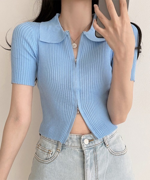Jayro(ジャイロ)の「ダブルファスナークロップド丈トップス(Tシャツ/カットソー・レディース・ホワイト/ピンク/ブラック/ブルー・FREE)」の9枚目の写真