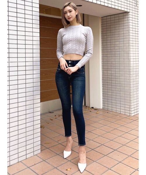セール】ハイウエストウエストクロススキニーデニムパンツ