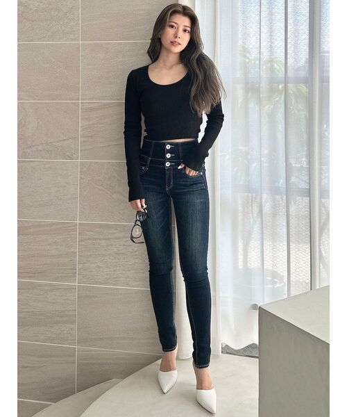 GYDA ハイウエストクロススキニーデニムパンツXS ハイウエストウエストクロススキニーデニムパンツ（デニムパンツ