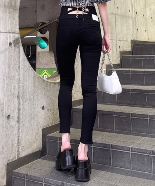 ハイウエストウエストクロススキニーデニムパンツ（デニムパンツ