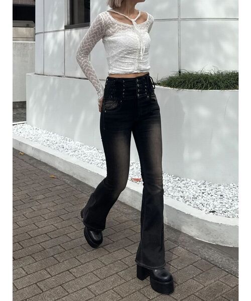 ハングレースアップハイウエストパギンス（デニムパンツ