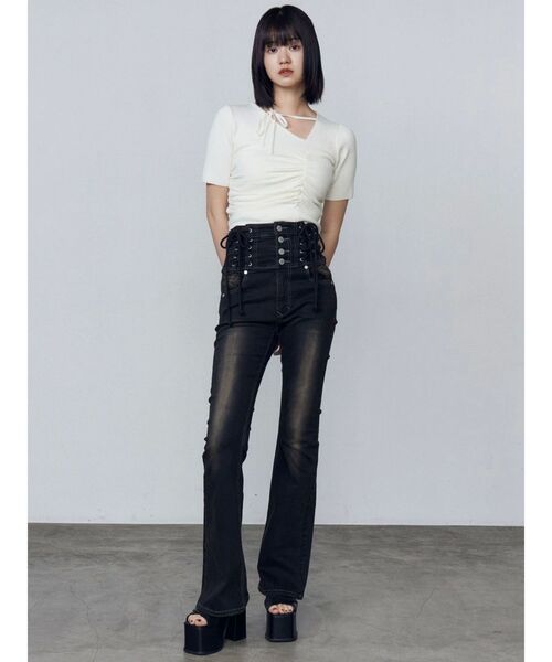 セール】ハングレースアップハイウエストパギンス（デニムパンツ