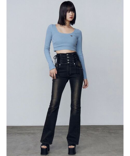 EMODA ハングレースアップハイウエストパギンス セール】ハングレースアップハイウエストパギンス（デニムパンツ