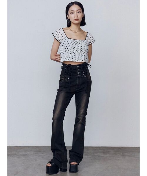 セール】ハングレースアップハイウエストパギンス（デニムパンツ