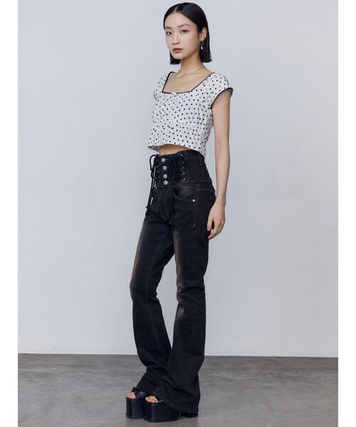 ハングレースアップハイウエストパギンス（デニムパンツ