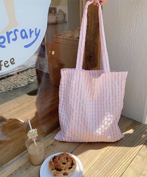 VIBGYOR（ヴィブジョー）の「Mignonjour/チェック柄トートバッグ M2306（トートバッグ・レディース・ブラック/グリーン/パープル/ピンク/イエロー・FREE）」の5枚目の写真