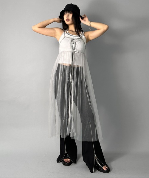 LVEU.(ラブユ.)の「【LVEU.】レイヤードシアーキャミワンピース / ワンピース ワンピ チュール シアー リボン ロング キャミワンピ レイヤード ブラック グレー ホワイト ZOZOTOWN限定(ワンピース・レディース・ホワイト/グレー/ブラック・FREE)」の4枚目の写真