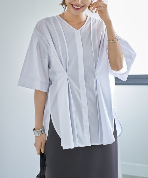 STYLE DELI(スタイルデリ)の「【LUXE】形が変わるシャツ生地プルオーバー(シャツ/ブラウス・レディース・ダークネイビー/ホワイト/ピンク・FREE)」の1枚目の写真