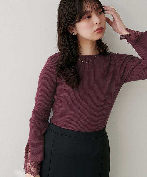 natural couture(ナチュラルクチュール)の「前後2WAY袖口レースリブニット(ニット/セーター・レディース・ボルドー/ミント/スミクロ/モカ/ブラック/チャコールグレー/ブルー/グレー/オフホワイト・FREE)」の9枚目の写真