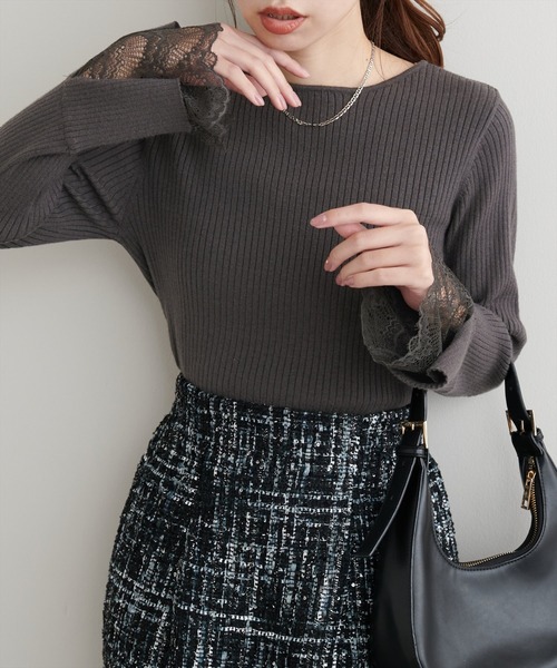 natural couture(ナチュラルクチュール)の「前後2WAY袖口レースリブニット(ニット/セーター・レディース・ボルドー/ミント/スミクロ/モカ/ブラック/チャコールグレー/ブルー/グレー/オフホワイト・FREE)」の10枚目の写真