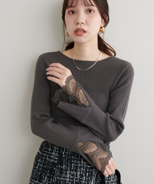 natural couture(ナチュラルクチュール)の「前後2WAY袖口レースリブニット(ニット/セーター・レディース・ボルドー/ミント/スミクロ/モカ/ブラック/チャコールグレー/ブルー/グレー/オフホワイト・FREE)」の11枚目の写真