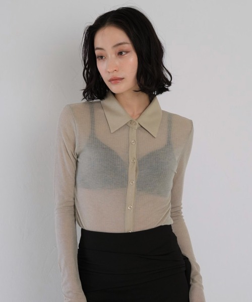 Geeong(ジーオン)の「シアー タイト シャツトップス 長袖(シャツ/ブラウス・レディース・ブラック/アイボリー/ベージュ/チャコールグレー・FREE)」の4枚目の写真