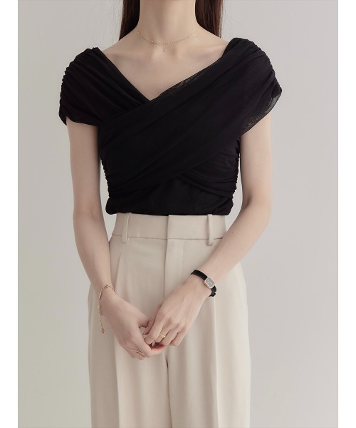 amel（エイメル）の「【RE ARRIVAL】アシンメトリークロスチュールトップス（シャツ/ブラウス・レディース・ブラック・FREE）」の7枚目の写真