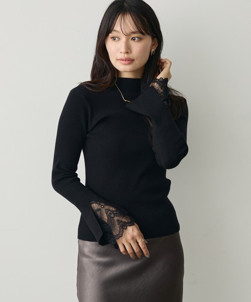 袖レース付き ベルスリーブリブニットセーター（ニット/セーター