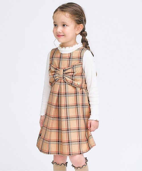 apres les cours（アプレレクール）の「【リンク/ジュニア対応】リボンタックジャンパースカート（ジャンパースカート・キッズ・ブラック/ベージュ・90/100/110/120/80/130/140）」の2枚目の写真