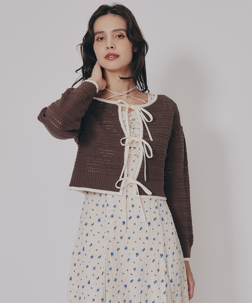 REDYAZEL(レディアゼル)の「リボンニットカーディガン(カーディガン/ボレロ・レディース・キナリ/レッド/ブラウン/ブラック・FREE)」の1枚目の写真