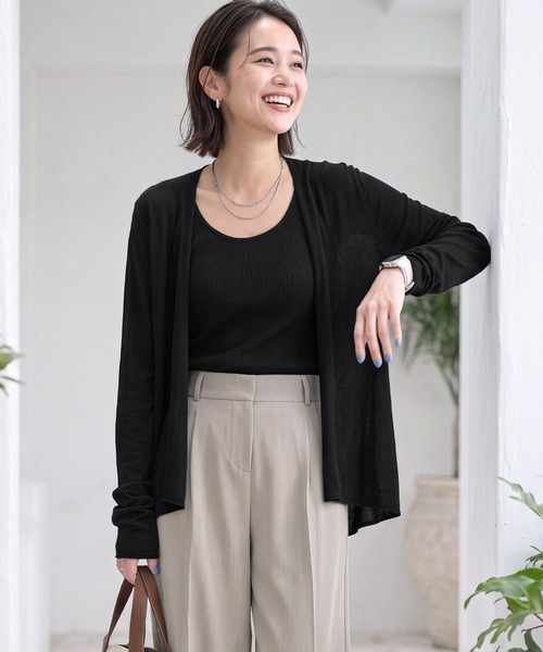 STYLE DELI(スタイルデリ)の「薄手なヌケ感とろみニットカーデセット(Tシャツ/カットソー・レディース・ライトグレー/ベージュ/ブラック・FREE)」の2枚目の写真