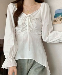 STAY MOTION | 【WEB限定】裾アシンメトリーフロントシャーリング長袖ブラウス［韓国ファッション カジュアル］(シャツ/ブラウス)