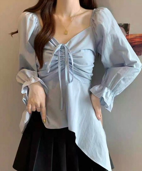 STAY MOTION（ステイモーション）の「【WEB限定】裾アシンメトリーフロントシャーリング長袖ブラウス［韓国ファッション カジュアル］（シャツ/ブラウス・レディース・サックスブルー/オフホワイト/ブラック・F）」の3枚目の写真