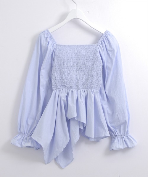 STAY MOTION（ステイモーション）の「【WEB限定】裾アシンメトリーフロントシャーリング長袖ブラウス［韓国ファッション カジュアル］（シャツ/ブラウス・レディース・サックスブルー/オフホワイト/ブラック・F）」の4枚目の写真