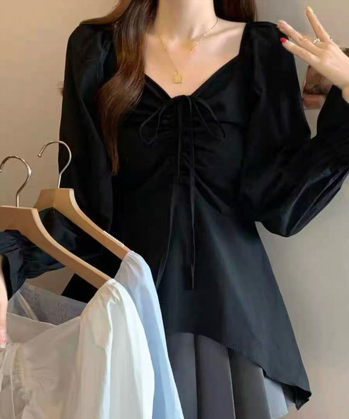 STAY MOTION（ステイモーション）の「【WEB限定】裾アシンメトリーフロントシャーリング長袖ブラウス［韓国ファッション カジュアル］（シャツ/ブラウス・レディース・サックスブルー/オフホワイト/ブラック・F）」の8枚目の写真