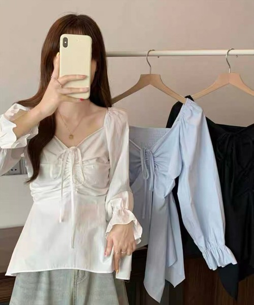 STAY MOTION（ステイモーション）の「【WEB限定】裾アシンメトリーフロントシャーリング長袖ブラウス［韓国ファッション カジュアル］（シャツ/ブラウス・レディース・サックスブルー/オフホワイト/ブラック・F）」の7枚目の写真