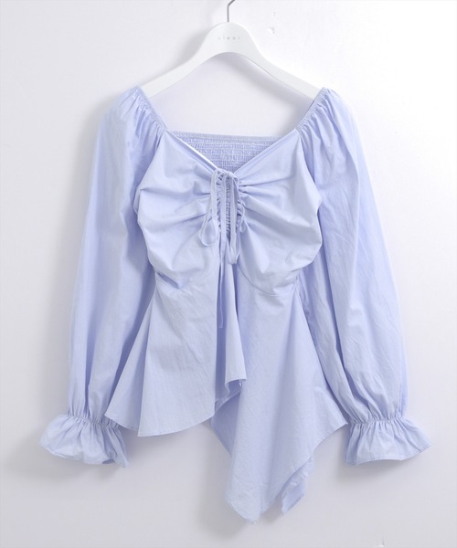 STAY MOTION（ステイモーション）の「【WEB限定】裾アシンメトリーフロントシャーリング長袖ブラウス［韓国ファッション カジュアル］（シャツ/ブラウス・レディース・サックスブルー/オフホワイト/ブラック・F）」の10枚目の写真