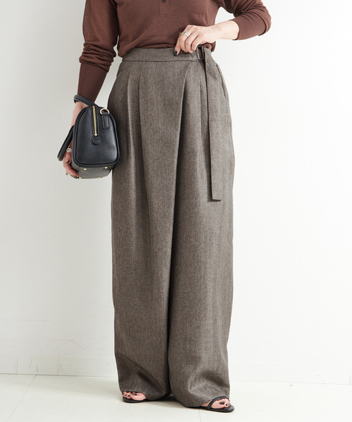 B.C STOCK（ベーセーストック）の「手洗い可 / ヘザーツイードラップタックスラックス（スラックス・レディース・グレー/ブラウン・FREE）」の2枚目の写真