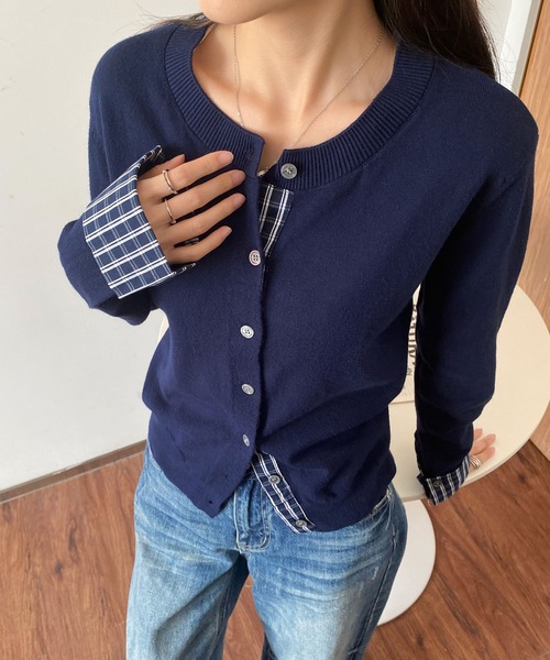 MAISON DE THERESE（メゾン ド テレーズ）の「バイカラー チェック パッチワーク カーディガン（カーディガン/ボレロ・レディース・ダークグレー/ネイビー/ブラック/アイボリー/レッド・M/S/L）」の4枚目の写真