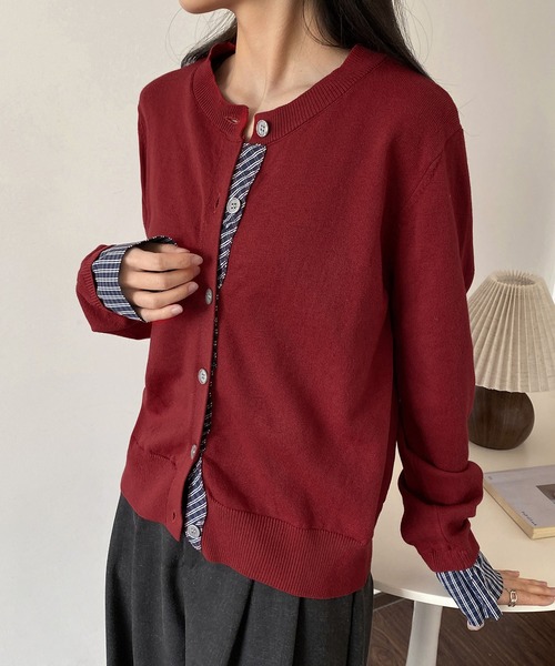 MAISON DE THERESE（メゾン ド テレーズ）の「バイカラー チェック パッチワーク カーディガン（カーディガン/ボレロ・レディース・ダークグレー/ネイビー/ブラック/アイボリー/レッド・M/S/L）」の5枚目の写真