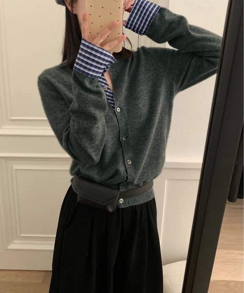 MAISON DE THERESE（メゾン ド テレーズ）の「バイカラー チェック パッチワーク カーディガン（カーディガン/ボレロ・レディース・ダークグレー/ネイビー/ブラック/アイボリー/レッド・M/S/L）」の3枚目の写真