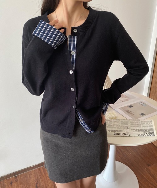 MAISON DE THERESE（メゾン ド テレーズ）の「バイカラー チェック パッチワーク カーディガン（カーディガン/ボレロ・レディース・ダークグレー/ネイビー/ブラック/アイボリー/レッド・M/S/L）」の2枚目の写真