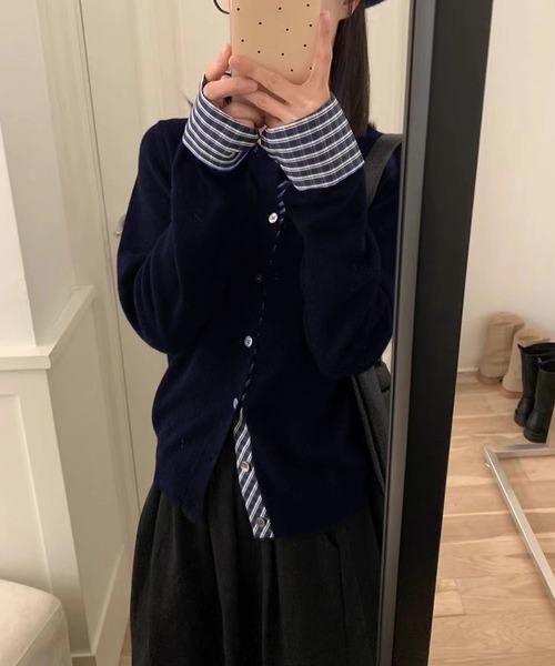 MAISON DE THERESE（メゾン ド テレーズ）の「バイカラー チェック パッチワーク カーディガン（カーディガン/ボレロ・レディース・ダークグレー/ネイビー/ブラック/アイボリー/レッド・M/S/L）」の14枚目の写真