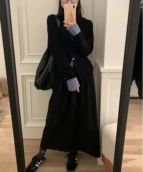 MAISON DE THERESE（メゾン ド テレーズ）の「バイカラー チェック パッチワーク カーディガン（カーディガン/ボレロ・レディース・ダークグレー/ネイビー/ブラック/アイボリー/レッド・M/S/L）」の7枚目の写真