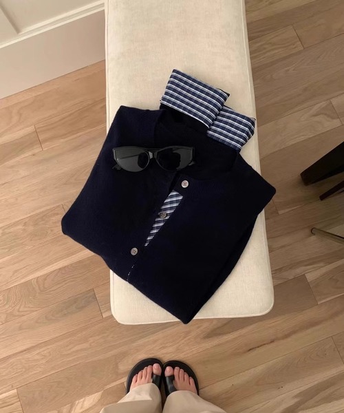 MAISON DE THERESE（メゾン ド テレーズ）の「バイカラー チェック パッチワーク カーディガン（カーディガン/ボレロ・レディース・ダークグレー/ネイビー/ブラック/アイボリー/レッド・M/S/L）」の12枚目の写真