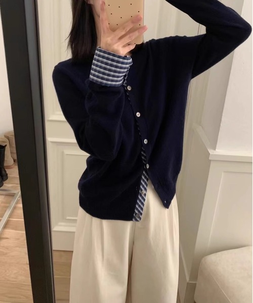 MAISON DE THERESE（メゾン ド テレーズ）の「バイカラー チェック パッチワーク カーディガン（カーディガン/ボレロ・レディース・ダークグレー/ネイビー/ブラック/アイボリー/レッド・M/S/L）」の8枚目の写真