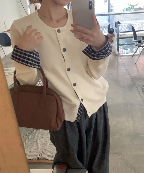 MAISON DE THERESE（メゾン ド テレーズ）の「バイカラー チェック パッチワーク カーディガン（カーディガン/ボレロ・レディース・ダークグレー/ネイビー/ブラック/アイボリー/レッド・M/S/L）」の15枚目の写真