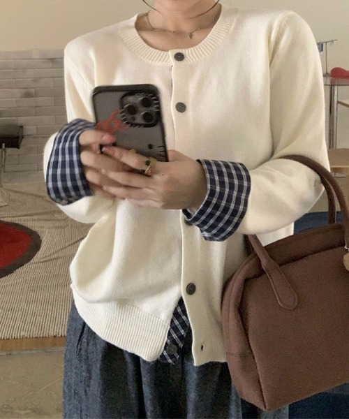 MAISON DE THERESE（メゾン ド テレーズ）の「バイカラー チェック パッチワーク カーディガン（カーディガン/ボレロ・レディース・ダークグレー/ネイビー/ブラック/アイボリー/レッド・M/S/L）」の16枚目の写真