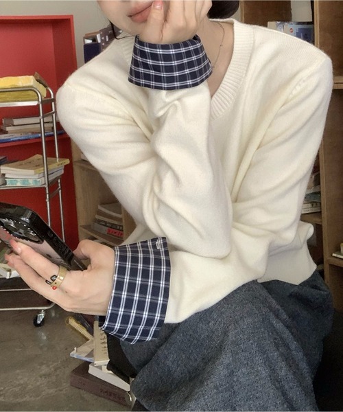 MAISON DE THERESE（メゾン ド テレーズ）の「バイカラー チェック パッチワーク カーディガン（カーディガン/ボレロ・レディース・ダークグレー/ネイビー/ブラック/アイボリー/レッド・M/S/L）」の17枚目の写真