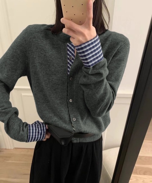 MAISON DE THERESE（メゾン ド テレーズ）の「バイカラー チェック パッチワーク カーディガン（カーディガン/ボレロ・レディース・ダークグレー/ネイビー/ブラック/アイボリー/レッド・M/S/L）」の6枚目の写真