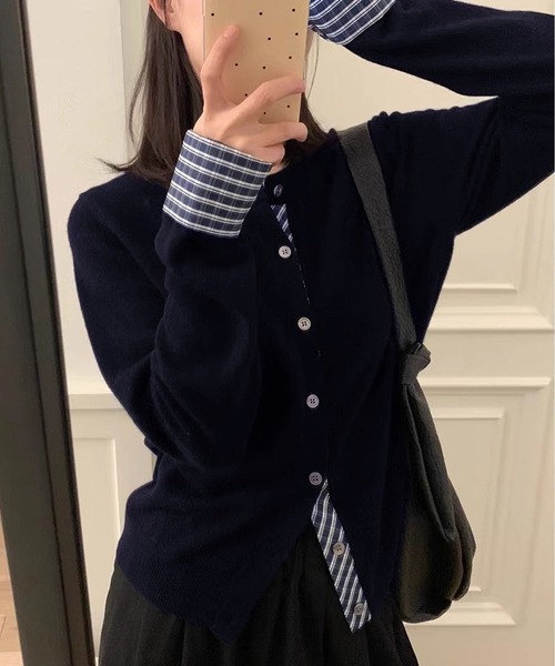 MAISON DE THERESE（メゾン ド テレーズ）の「バイカラー チェック パッチワーク カーディガン（カーディガン/ボレロ・レディース・ダークグレー/ネイビー/ブラック/アイボリー/レッド・M/S/L）」の9枚目の写真